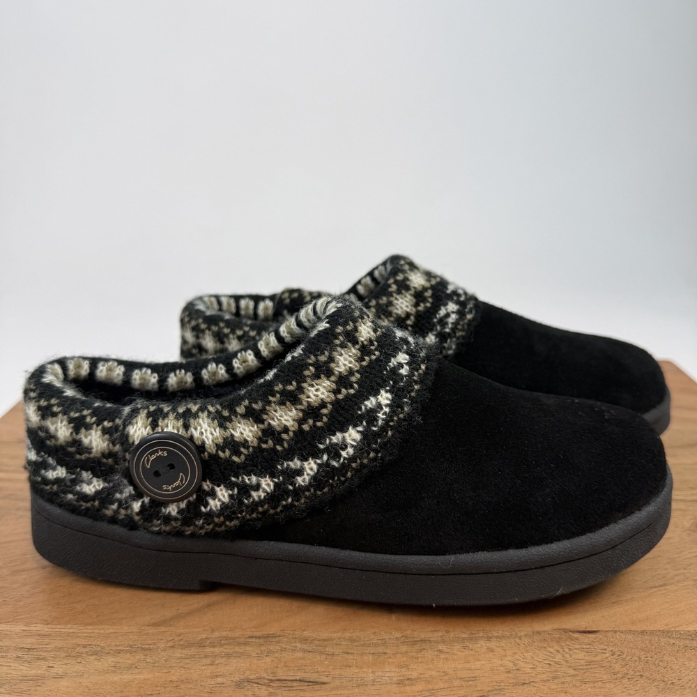 New‎ Womens Clarks Knit Sweater Black Leather Lined Clog Slippers Size 7 M NIB
